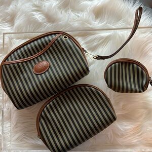 Set‎ of 3 Matching Vintage Allen Edward Purse Makeup Change Brown Stripped